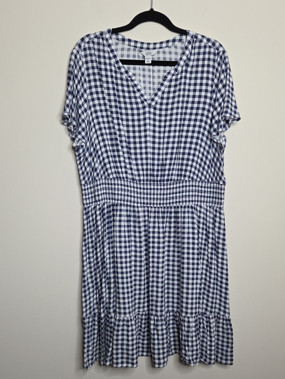 croft & barrow Navy and White Gingham V-Neck Smocked Waist Dress